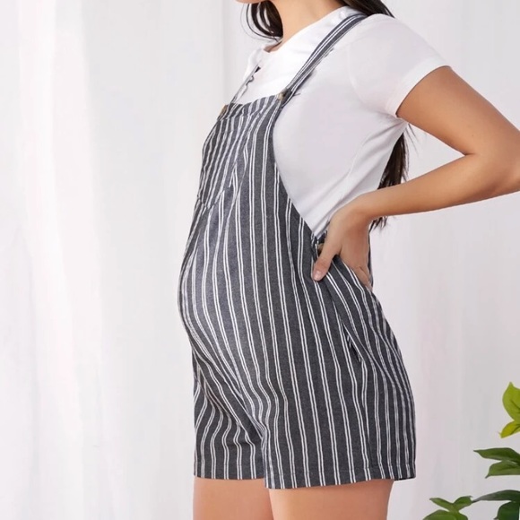 Maternity Dark Grey White Striped Overall Shorts - Picture 2 of 5
